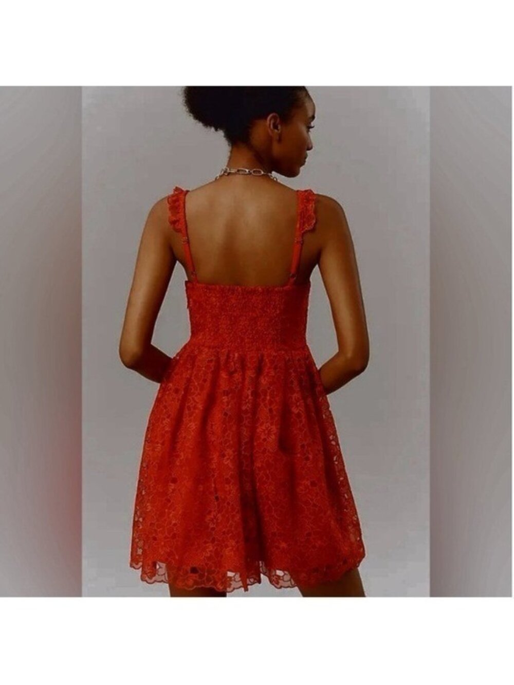 ANTHROPOLOGIE Ruffle Strap Corset Lace Mini Dress Lipstick Red Size XS NEW - Picture 3 of 10